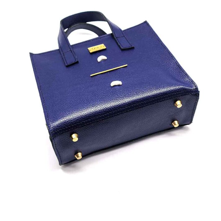 Radiance Leather Anyango Mini Indigo– Ladies Tote Handbag in Pure Cowhide Leather with Safety Boot Print with Pearls and 24k Gold Plated Brass