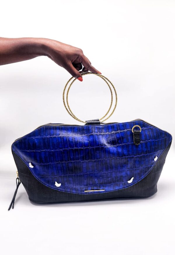 Radiance Leather Minw'a: Ultimate Carry-All Handbag Pure Cowhide Leather with alligator prints Blue/ Black