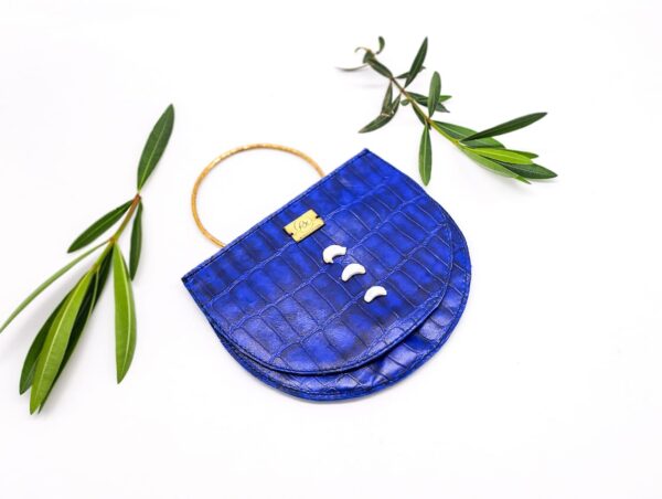 Radiance Leather Dw'e Half Moon Clutch Bag in 100% Cowhide with Alligator print Blue