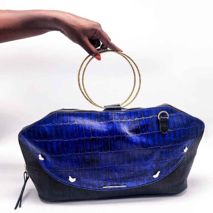 Minw’a: Ultimate Carry-All Handbag Pure Cowhide Leather with alligator prints Blue Black