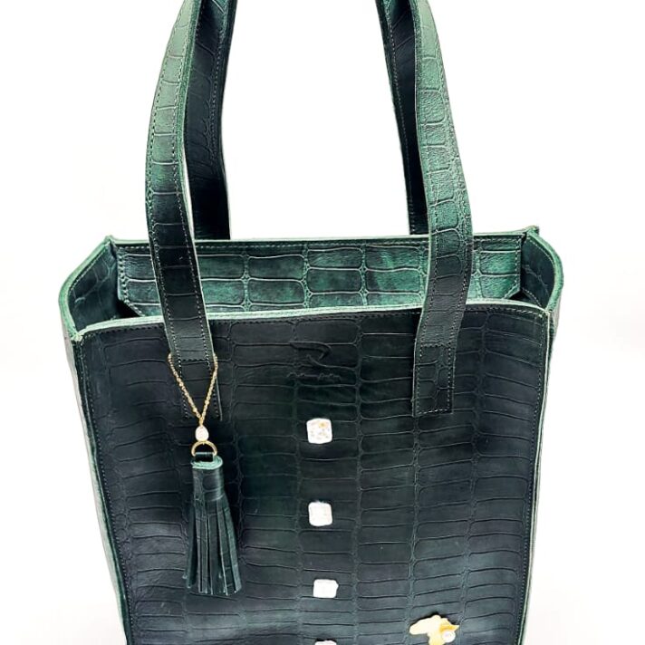 Radiance Leather Anyango Mini Green– Ladies Tote Handbag in Pure Cowhide Leather with Alligator Print with Pearls and 24k Gold Plated Brass