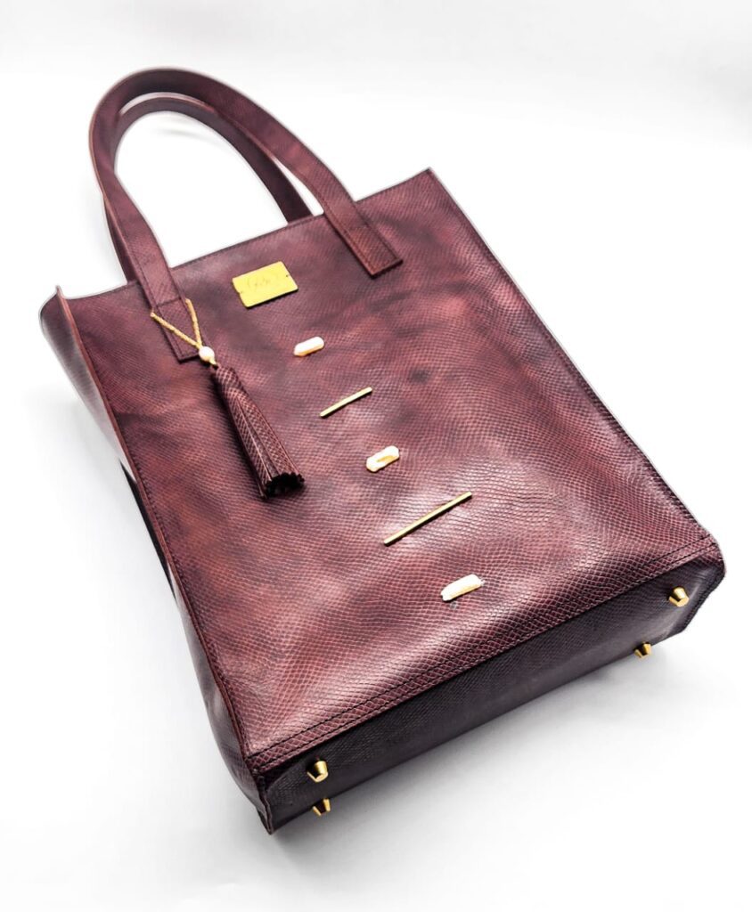 Radiance Leather Anyango Big – Ladies Tote Handbag in Pure Cowhide Leather with Cobra Print with Pearls and 24k Gold Plated Brass Dark Tan