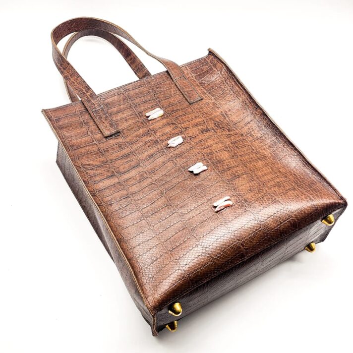 Radiance Leather Anyango Big – Ladies Tote Handbag in Pure Cowhide Leather with Cobra Print with Pearls and 24k Gold Plated Brass Brown