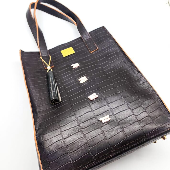 Anyango Big Tote Brown with Alligator Print Black