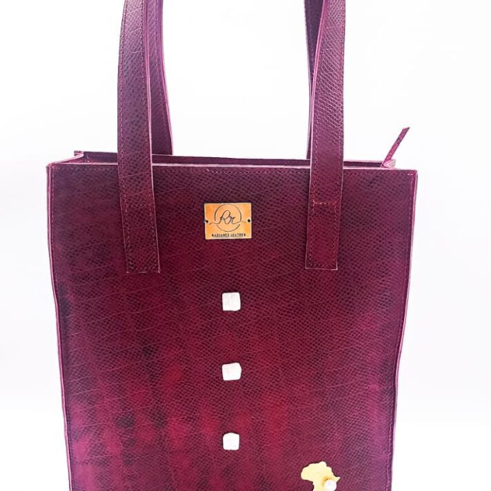 Radiance Leather Anyango Big – Ladies Tote Handbag in Pure Cowhide Leather with Lizard Print with Pearls and 24k Gold Plated Brass Wine Red